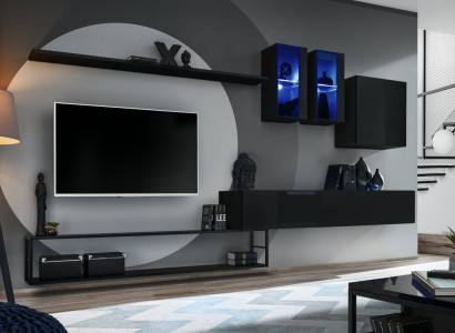 Designer Wall unit Black Modern Luxury TV Stand Wooden Furniture Furnishings Suite